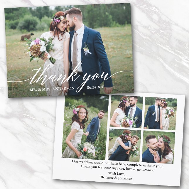 Moderne Kalligrafie Hochzeitbräune 6 Foto Dankeskarte (Customize to change your personalized text size or text style.)