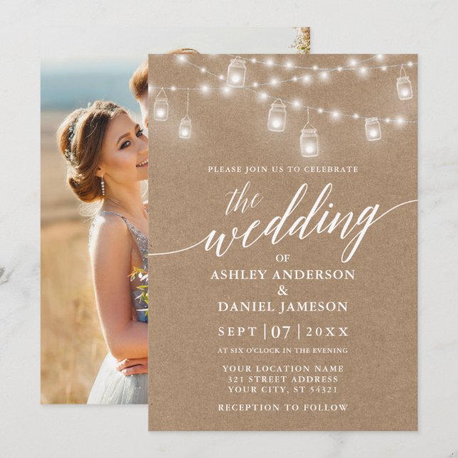 Moderne Kalligrafie Hochzeitlicht Kraft Foto Einladung (Vorne/Hinten)