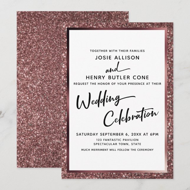 Moderne Kalligrafie Hochzeitsfeier Rose Gold Einladung (Vorne/Hinten)