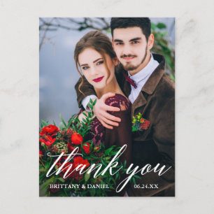 Moderne Kalligrafie Hochzeitsfoto Danke Weiß Postkarte