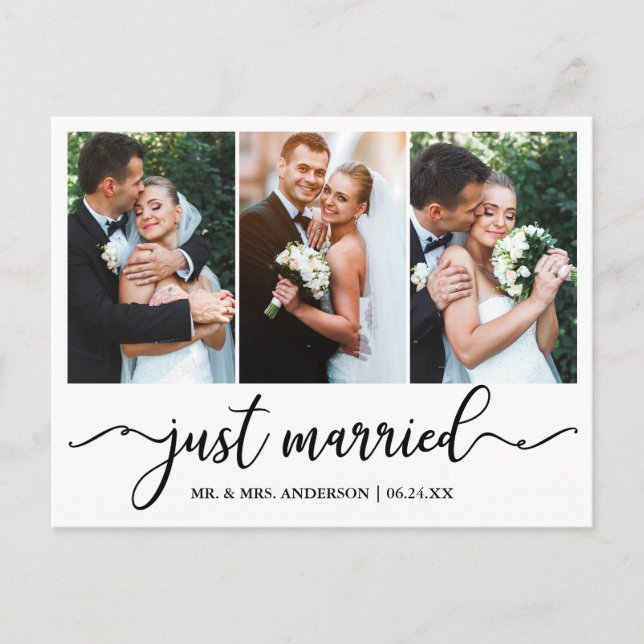 Moderne Kalligrafie Just Married Wedding 3 Foto Postkarte (Vorderseite)