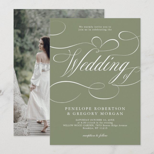 Moderne Kalligrafie Minimalistisch Sage Green Wedd Einladung (Vorne/Hinten)