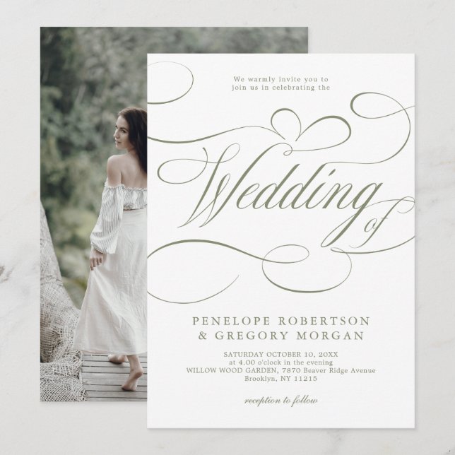 Moderne Kalligrafie Minimalistisch Sage Green Wedd Einladung (Vorne/Hinten)