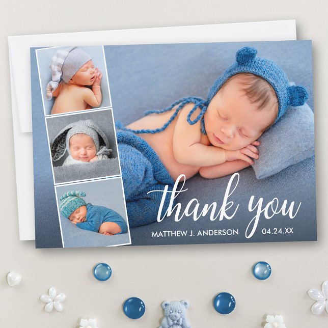 Moderne Kalligrafie New Baby 4 Foto Collage Dankeskarte (Customize to add text to back of card.)