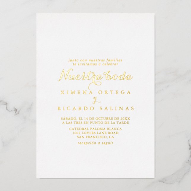 Moderne Kalligrafie Nuestra Boda Wedding Gold Folieneinladung (Vorderseite)