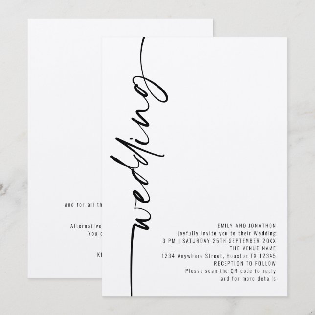 Moderne Kalligrafie QR-Code Hochzeit Einladung (Vorne/Hinten)