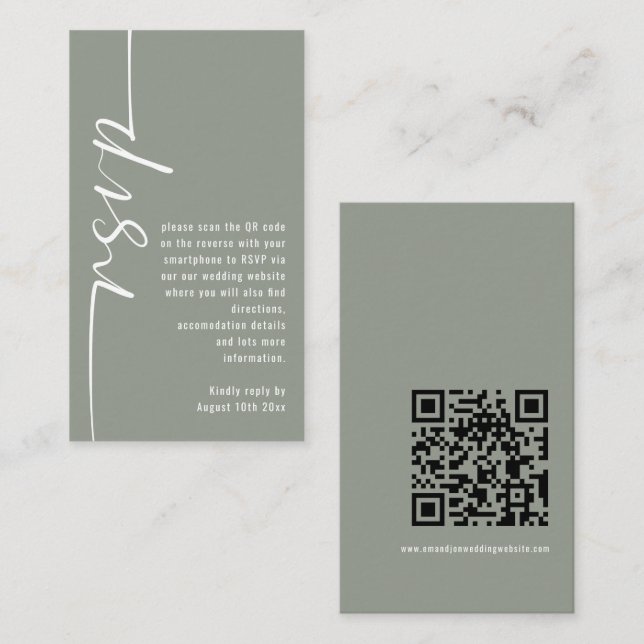 Moderne Kalligrafie QR Code Sage Wedding RSVP Begleitkarte (Vorne/Hinten)