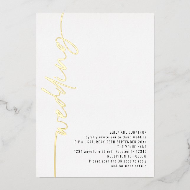 Moderne Kalligrafie QR Code Wedding Real Foil Invi Folieneinladung (Vorderseite)