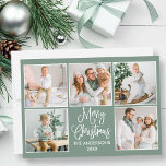 Moderne Kalligrafie Sage Green 5 Foto Weihnachten<br><div class="desc">Modern Fun Calligraphy Script Frohe Weihnachten 5 Foto Collage Holiday Card - Sage Green Background</div>
