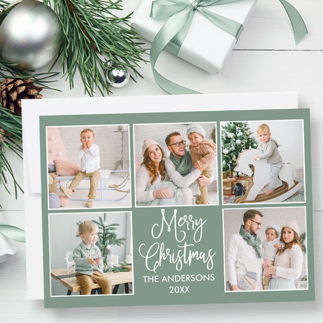 Moderne Kalligrafie Sage Green 5 Foto Weihnachten (Customize to change background color of card or to add text to back of card.)