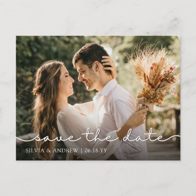Moderne Kalligrafie Save the Date Foto Postkarte (Vorderseite)