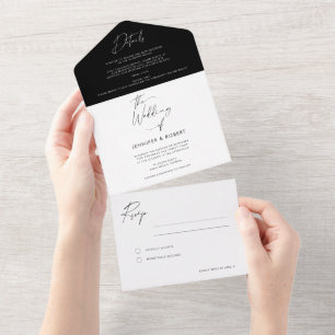 Moderne Kalligrafie-Schrift Hochzeit Schwarz Weiß All In One Einladung