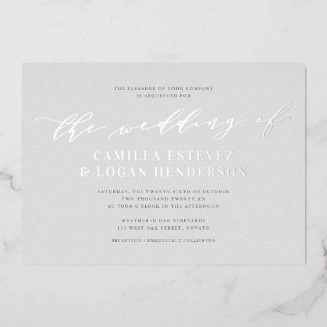 Moderne Kalligrafie Script Wedding Bale Gray Silve Folieneinladung (Vorderseite)