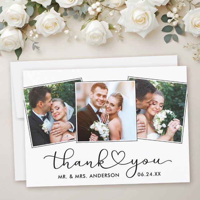 Moderne Kalligrafie - Skript 3 Fotos Hochzeit Dankeskarte (Customize to add text to back of card.)