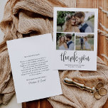 Moderne Kalligrafie-Skript Hochzeit drei Foto Dankeskarte<br><div class="desc">Diese drei Foto kalligraphische Hochzeit Dankeschön-Karte zeigt Ihre Hochzeit-Fotos,  mit kalligraphischen Skript-Overlay. Passen Sie Ihre besondere Hochzeit Dankeschön auf der Rückseite,  oder entfernen Sie es,  um den Rücken leer für Ihre handgeschriebene Nachricht des Dankes verlassen.</div>