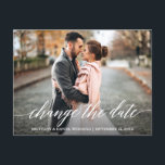 Moderne Kalligrafie-Skripte ändern das Datum des n Postkarte<br><div class="desc">Moderne Kalligrafie-Skriptänderung Das Datum Hochzeit verschoben neue Datum Ankündigung Paar Foto Postkarte</div>