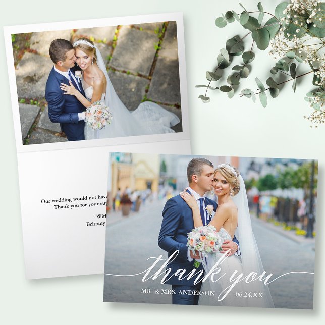 Moderne Kalligraphie 2 Foto Hochzeit geklappt Dankeskarte (Customize to change your personalized text size or text style.)