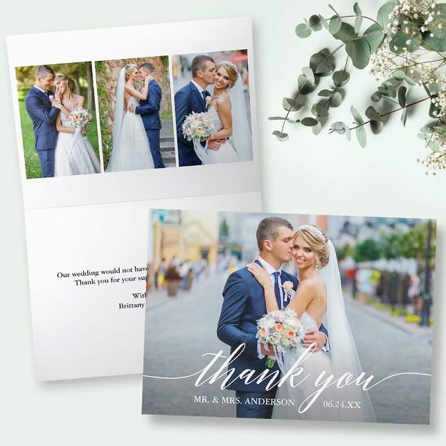 Moderne Kalligraphie 4 Foto Hochzeit geklappt Dankeskarte (Customize to change your personalized text size or text style.)