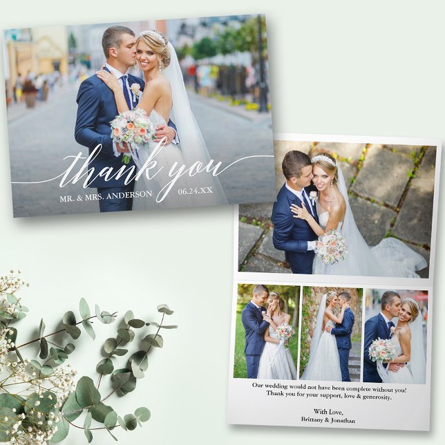 Moderne Kalligraphie 5 Foto Hochzeit geklappt Dankeskarte (Customize to change your personalized text size or text style.)