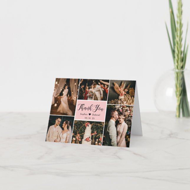 Moderne Kalligraphie 6 Foto Collage Wedding Dankeskarte (Vorderseite)