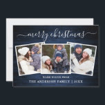 Moderne Kalligraphie Blaues Holz 3 Foto Weihnachte Feiertagskarte<br><div class="desc">Modern Trendy Calligrafy Script 3 Foto Family Foto Collage Frohe Weihnachtskarte - Rustic Country Blue Wood Print</div>