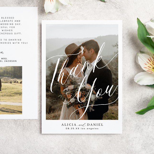 Moderne Kalligraphie Drehbuch 2 Fotos Hochzeit Dankeskarte (Von Creator hochgeladen)
