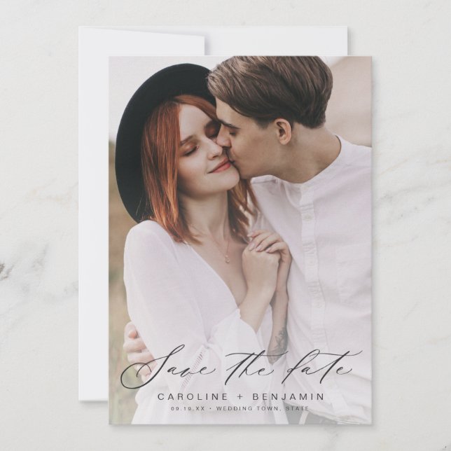 Moderne Kalligraphie Foto Hochzeit speichern das D Save The Date (Vorderseite)