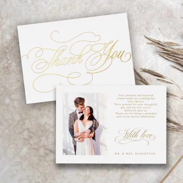 Moderne Kalligraphie Gold Hochzeit Danke Karte (Gold calligraphy wedding photo thank you card)