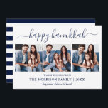 Moderne Kalligraphie Hanukkah 3 Foto Blaue Streife Feiertagskarte<br><div class="desc">Modern Trendy Calligraphy Script 3 Foto Family Foto Collage Happy Hanukkah Card - Navy Blue und White Strips Back</div>