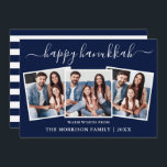 Moderne Kalligraphie Hanukkah Blaue Streifen 3 Fot Feiertagskarte<br><div class="desc">Modern Trendy Calligraphy Script 3 Foto Family Foto Collage Happy Hanukkah Card - Navy Blue und White Strips Back</div>