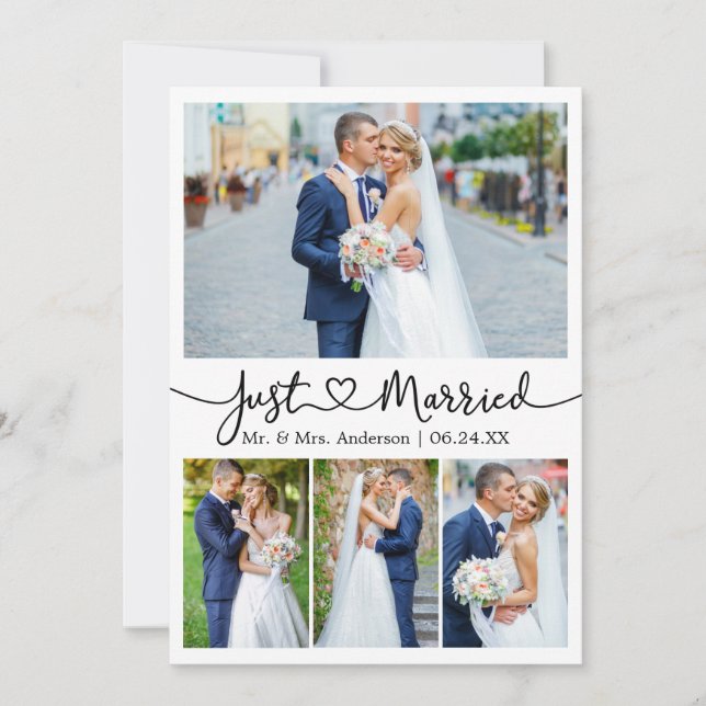 Moderne Kalligraphie Herz 5 Foto Hochzeit Ankündigung (Vorderseite)