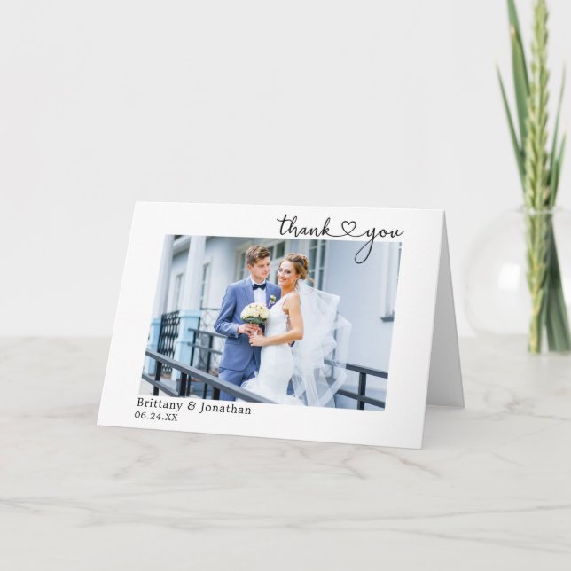 Moderne Kalligraphie Herz Hochzeit Foto Falten Dankeskarte (Vorderseite)