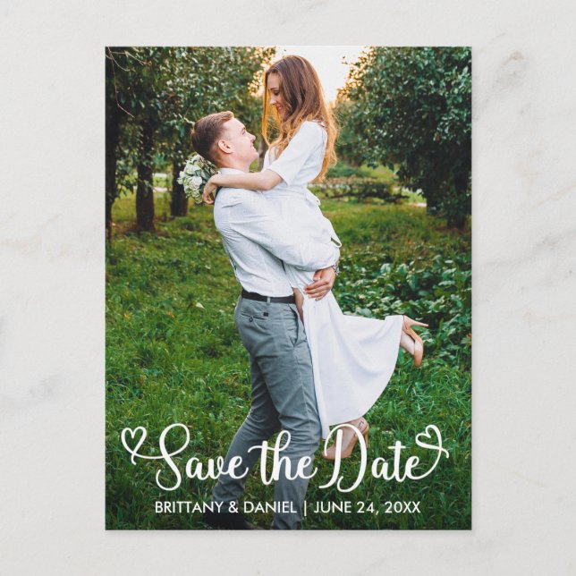 Moderne Kalligraphie Herz Save the Date Foto Postkarte (Vorderseite)
