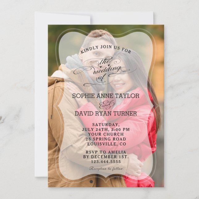 Moderne Kalligraphie-Hochzeit in verblichenem Foto Einladung (Vorderseite)