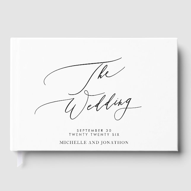 Moderne Kalligraphie-Hochzeit in Weiß und Schwarz Gästebuch (Vorderseite)