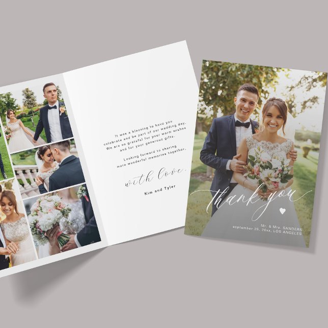Moderne Kalligraphie-Hochzeit mit mehreren Fotos Dankeskarte (Von Creator hochgeladen)