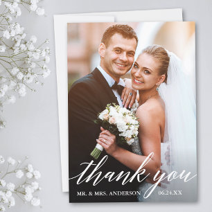 Moderne Kalligraphie Hochzeitbricht und Groom-Foto Dankeskarte