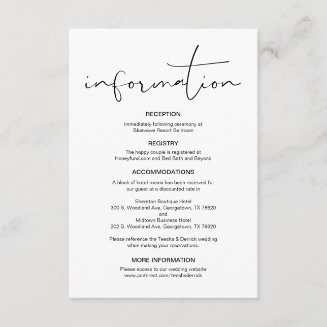 Moderne Kalligraphie, Hochzeitdetails, Information Begleitkarte (Vorderseite)