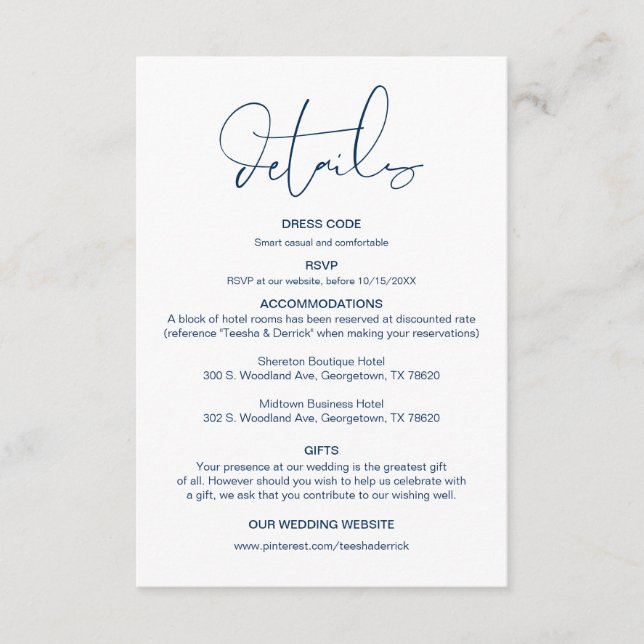 Moderne Kalligraphie, Hochzeitdetails, Information Begleitkarte (Vorderseite)
