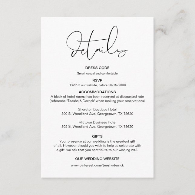 Moderne Kalligraphie, Hochzeitdetails, Information Begleitkarte (Vorderseite)