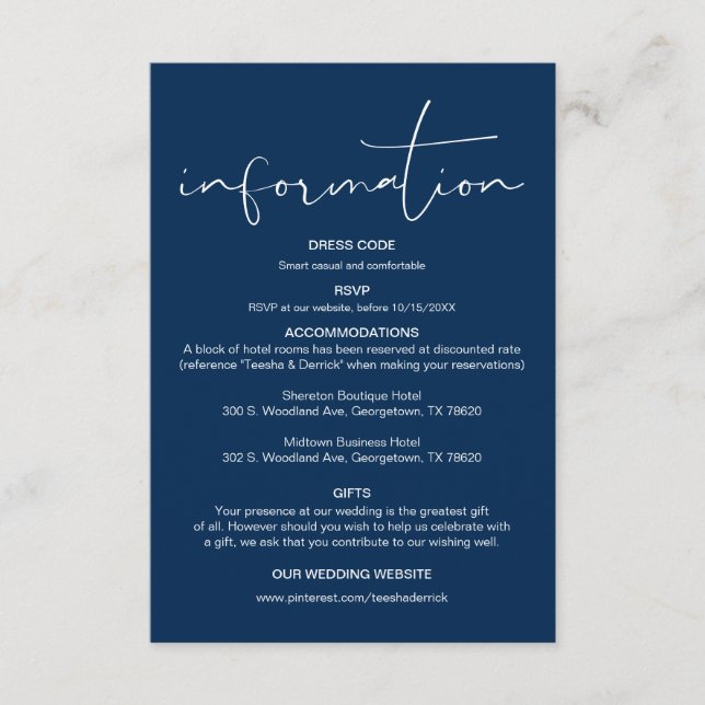 Moderne Kalligraphie, Hochzeitdetails, Information Begleitkarte (Vorderseite)