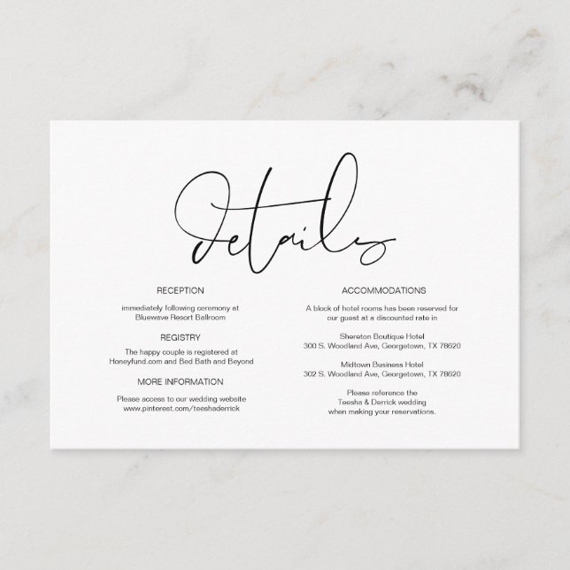 Moderne Kalligraphie, Hochzeitdetails, Information Begleitkarte (Vorderseite)