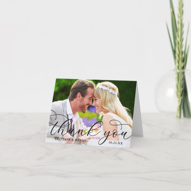 Moderne Kalligraphie Hochzeitsstift - Foto Hinweis Dankeskarte (Vorderseite)