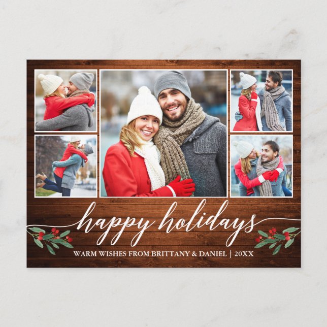 Moderne Kalligraphie Holz 5 Foto Happy Holidays Postkarte (Vorderseite)