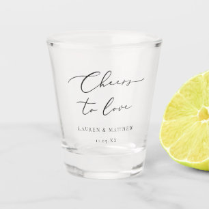 Moderne Kalligraphie jubelt Liebe Hochzeit Schnapsglas