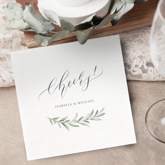 Moderne Kalligraphie jubelt rustikale Hochzeit Serviette (Modern calligraphy cheers rustic greenery wedding napkins)