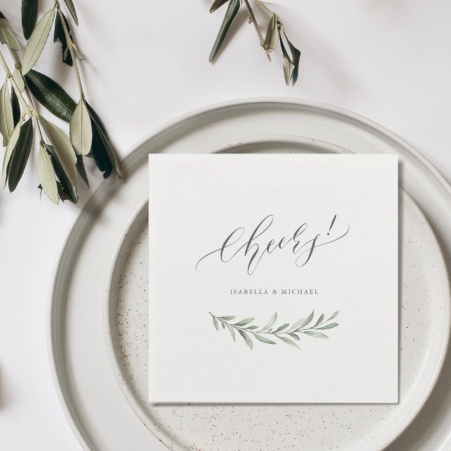 Moderne Kalligraphie jubelt rustikale Hochzeit Serviette (Modern calligraphy cheers rustic greenery wedding napkins)