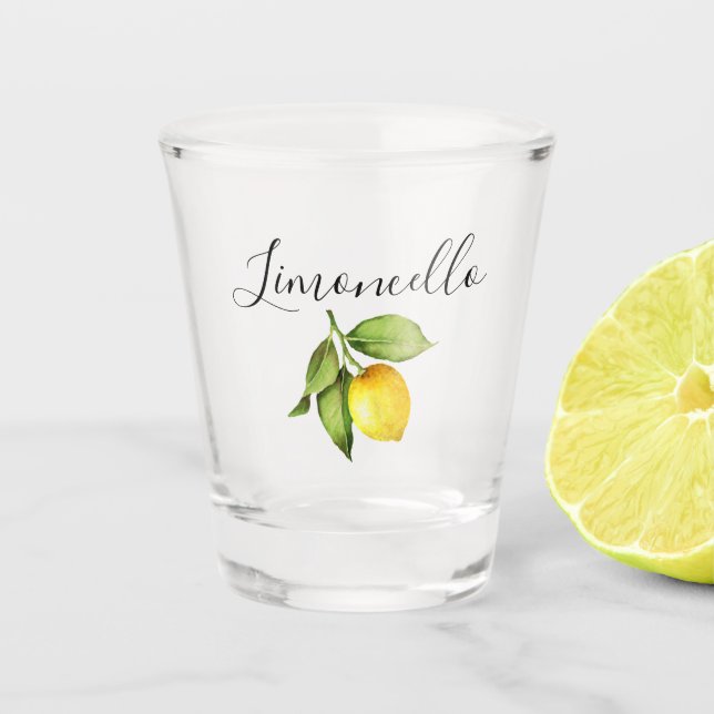 Moderne Kalligraphie Limoncello Watercolor Lemon Schnapsglas (Vorderseite)