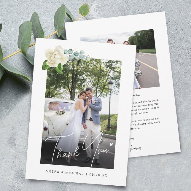 Moderne Kalligraphie Magnolia Fotos Hochzeit Dankeskarte (Modern Calligraphy Magnolia Photos Wedding Thank You Card)