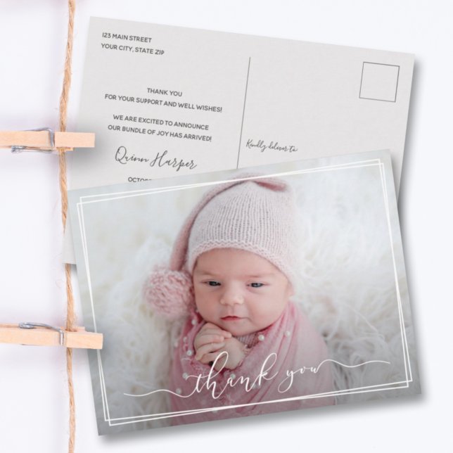 Moderne Kalligraphie New Baby Danke Foto Birth Postkarte (Von Creator hochgeladen)